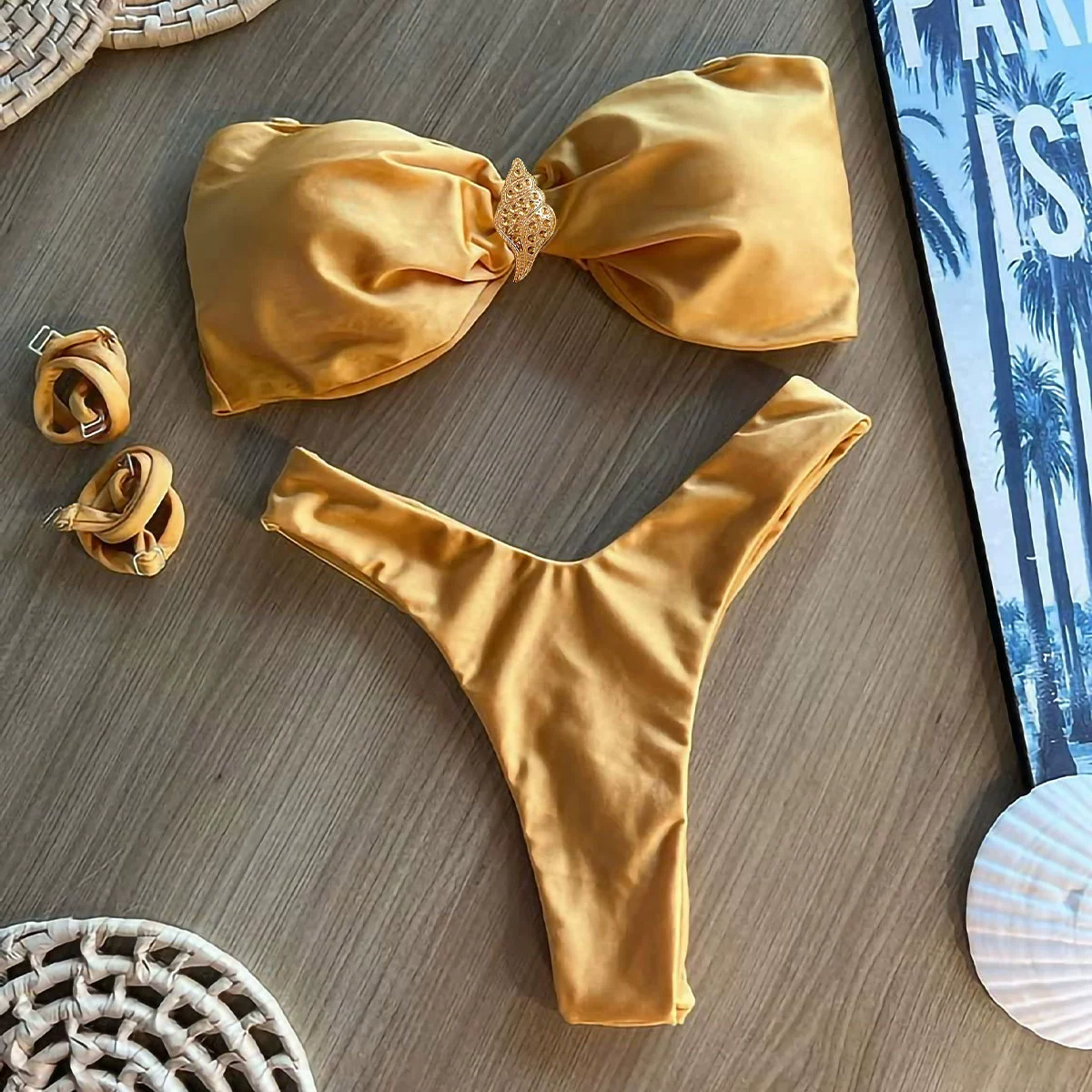 Three-Piece Bandeau Bikini Set with Sarong