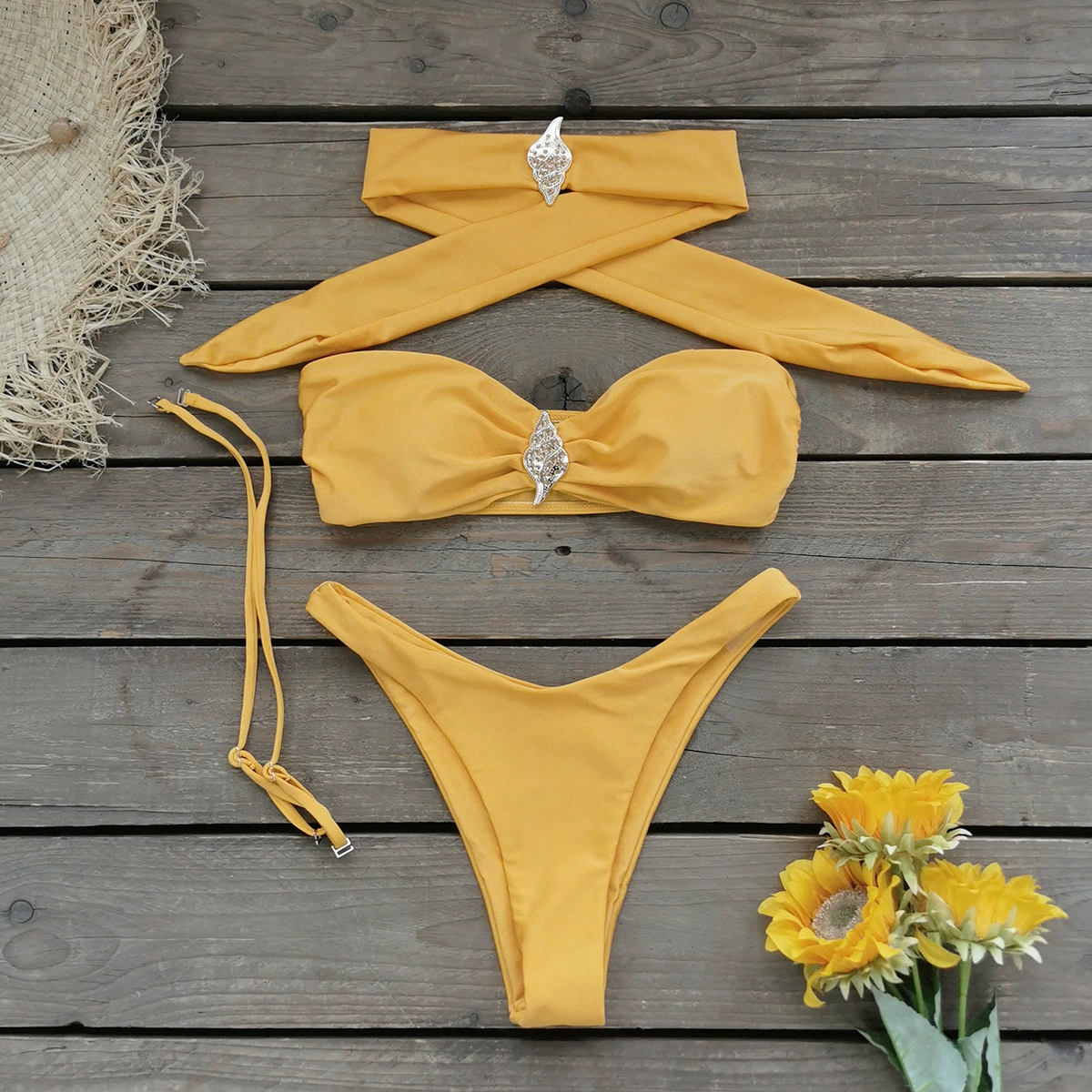 Three-Piece Bandeau Bikini Set with Sarong