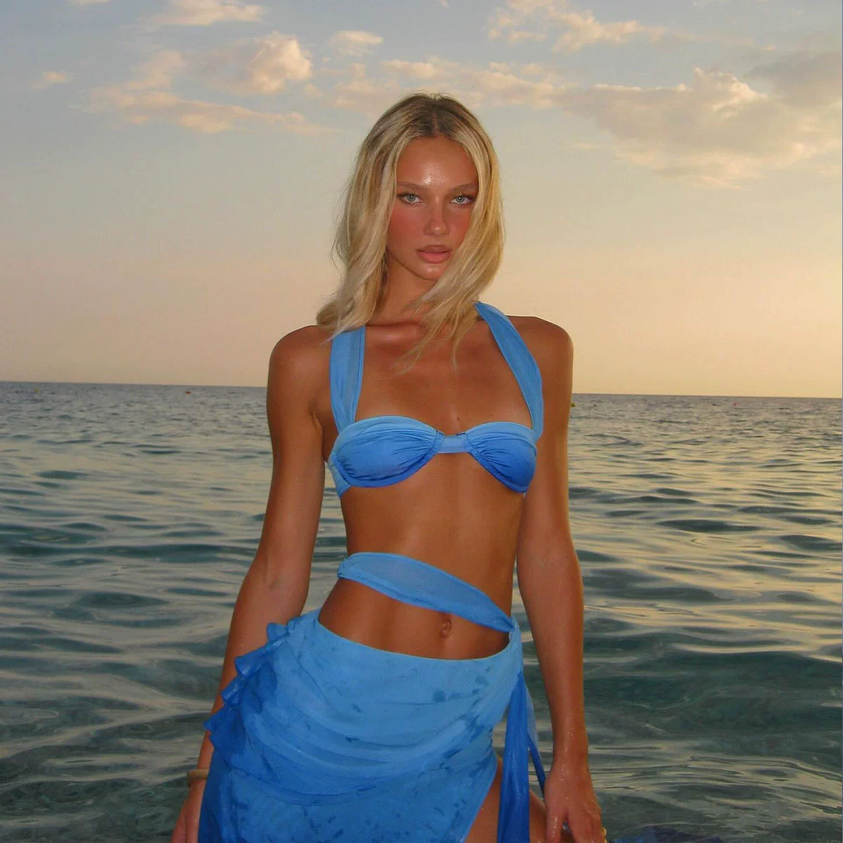 Three-Piece Halter Bikini Set with Sarong Skirt view 3