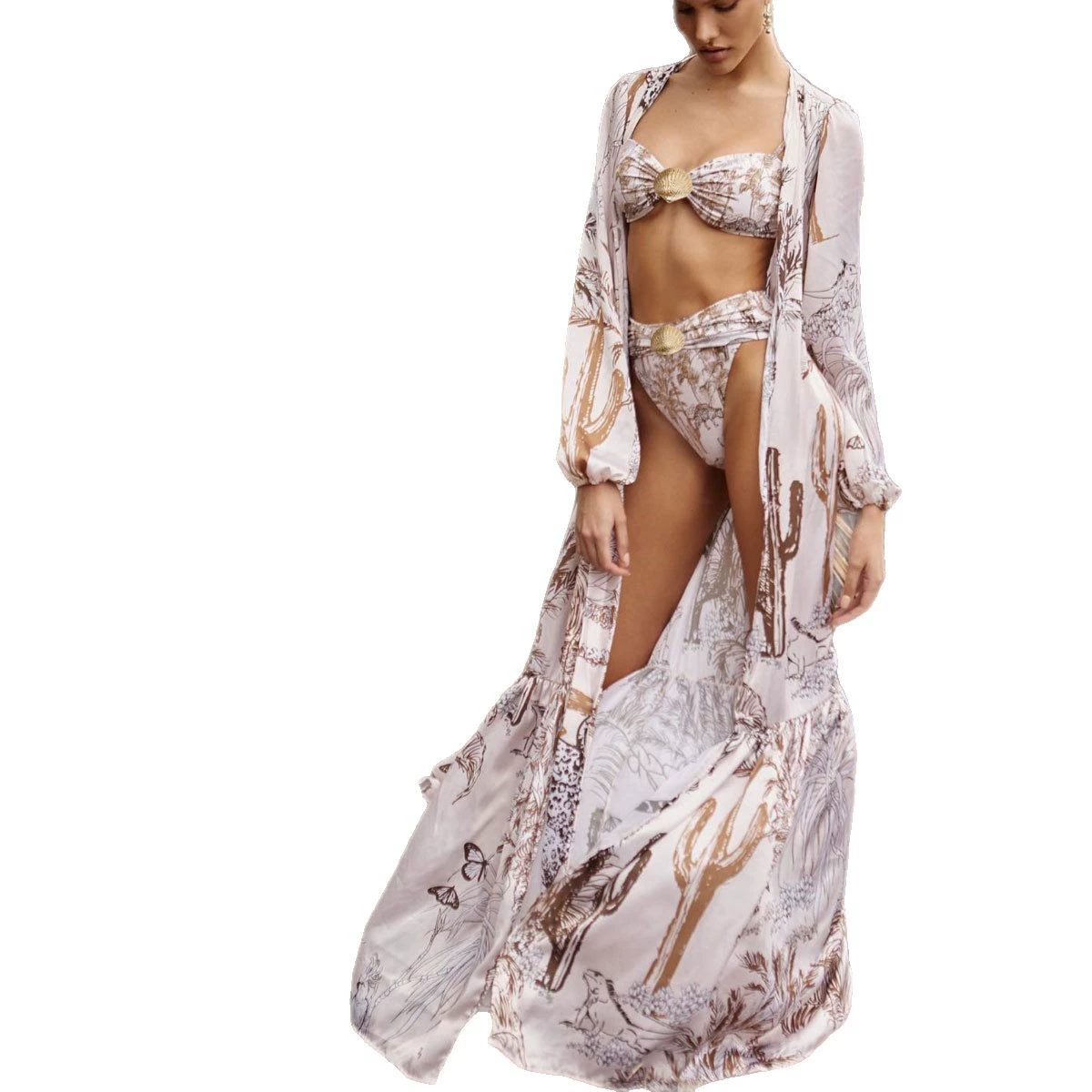 Bandeau Bikini Set with High-Waist Bottom and Long-Sleeve Cover-Up view 5