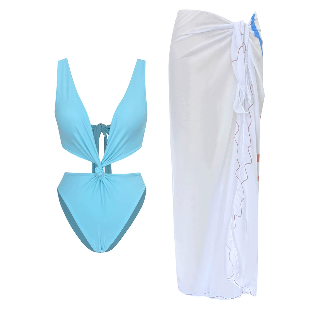 Women’s Plunging V-Neck Bikini Set with Sarong