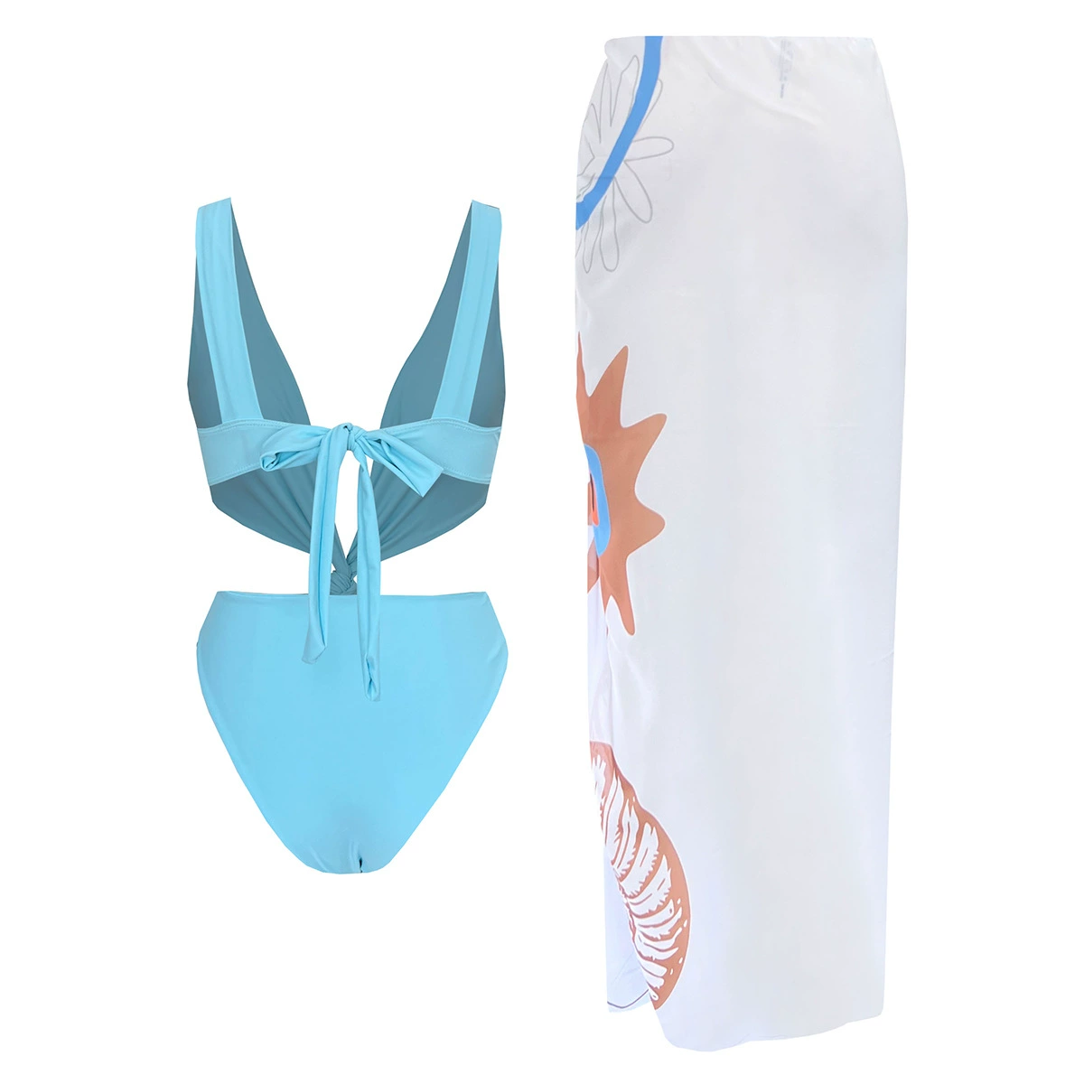 Women’s Plunging V-Neck Bikini Set with Sarong