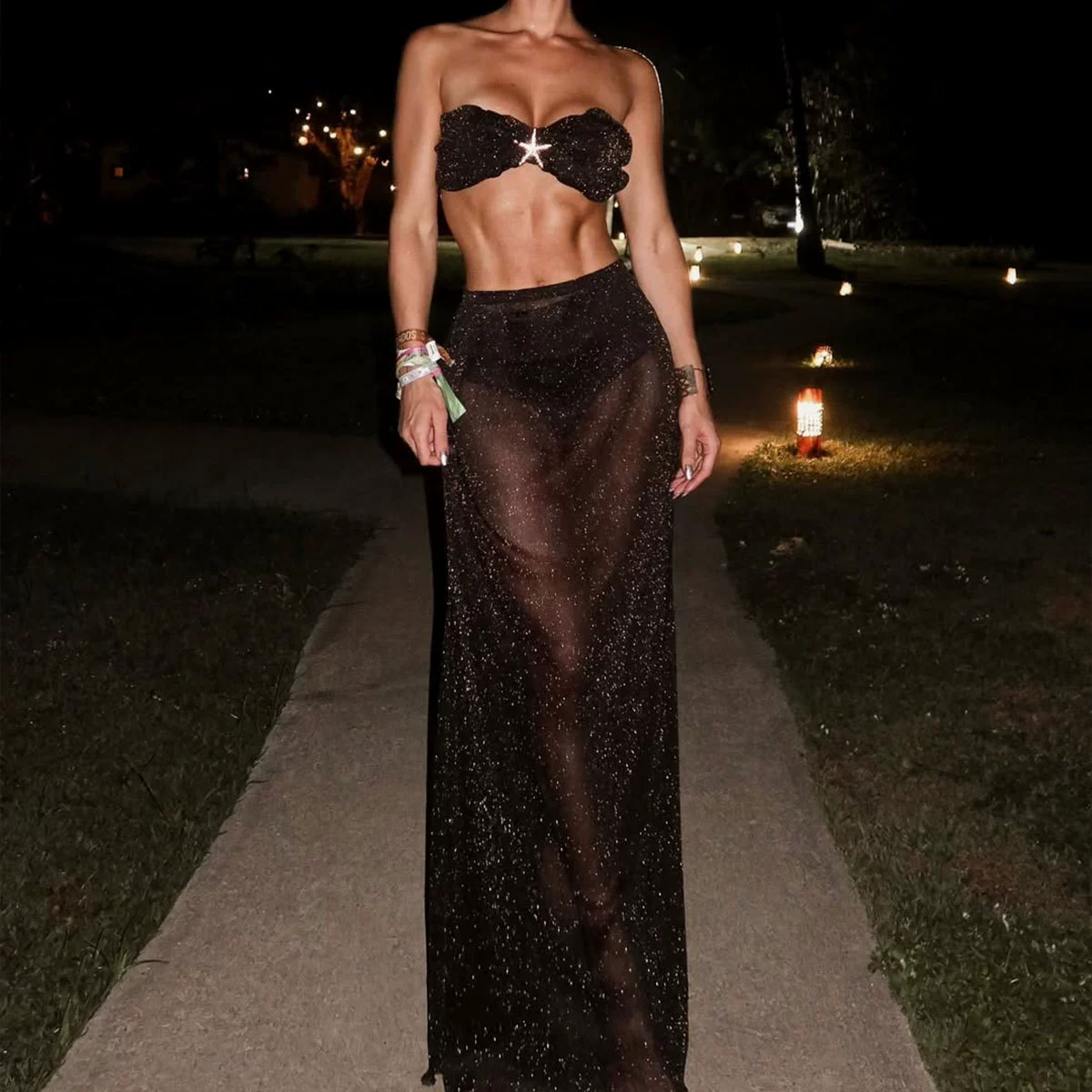 Bandeau High-Waist Bikini Set with Sheer Cover-Up Skirt