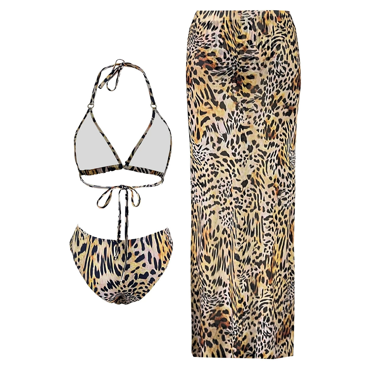 Three-Piece Halter Bikini Set with Long Skirt view 3