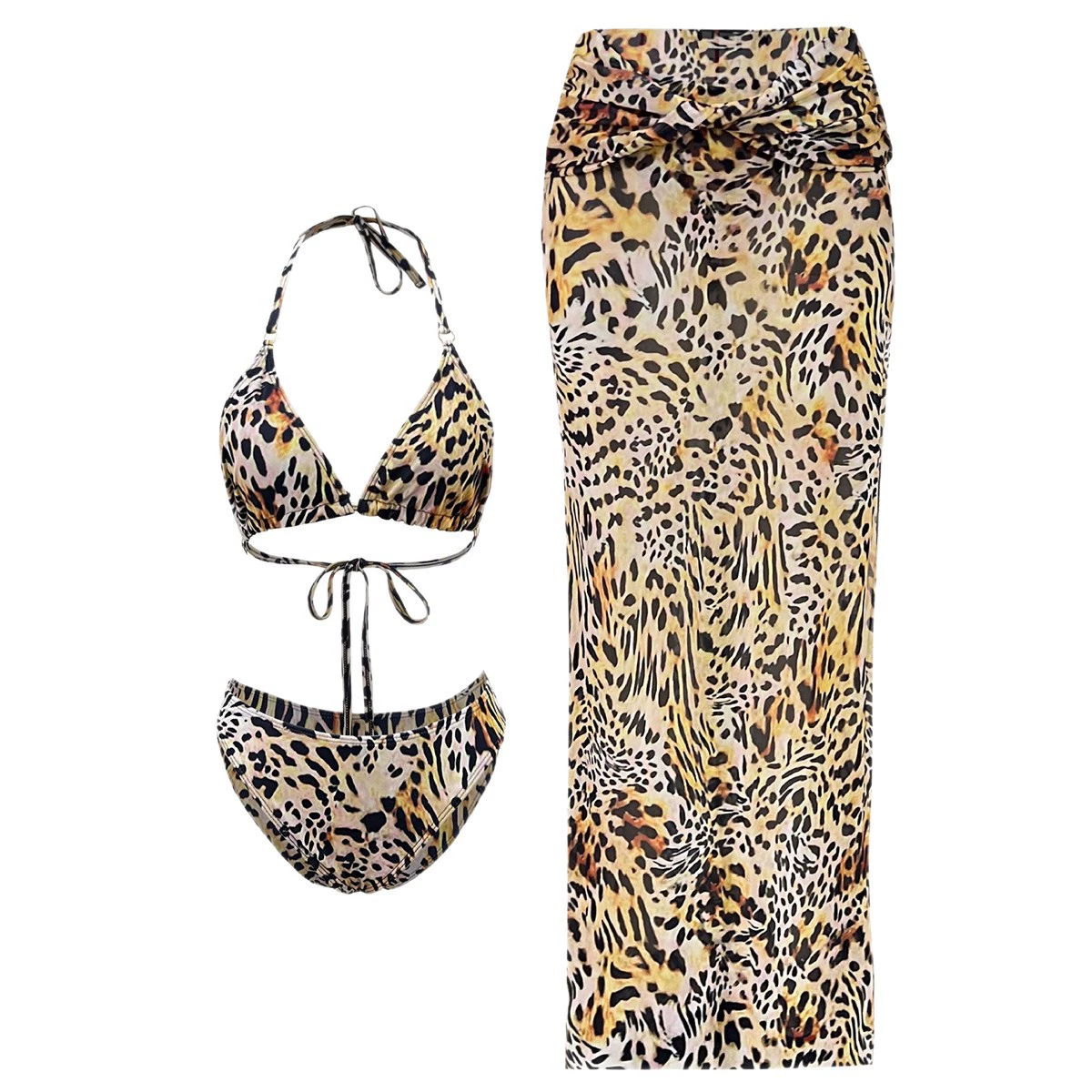 Three-Piece Halter Bikini Set with Long Skirt view 5