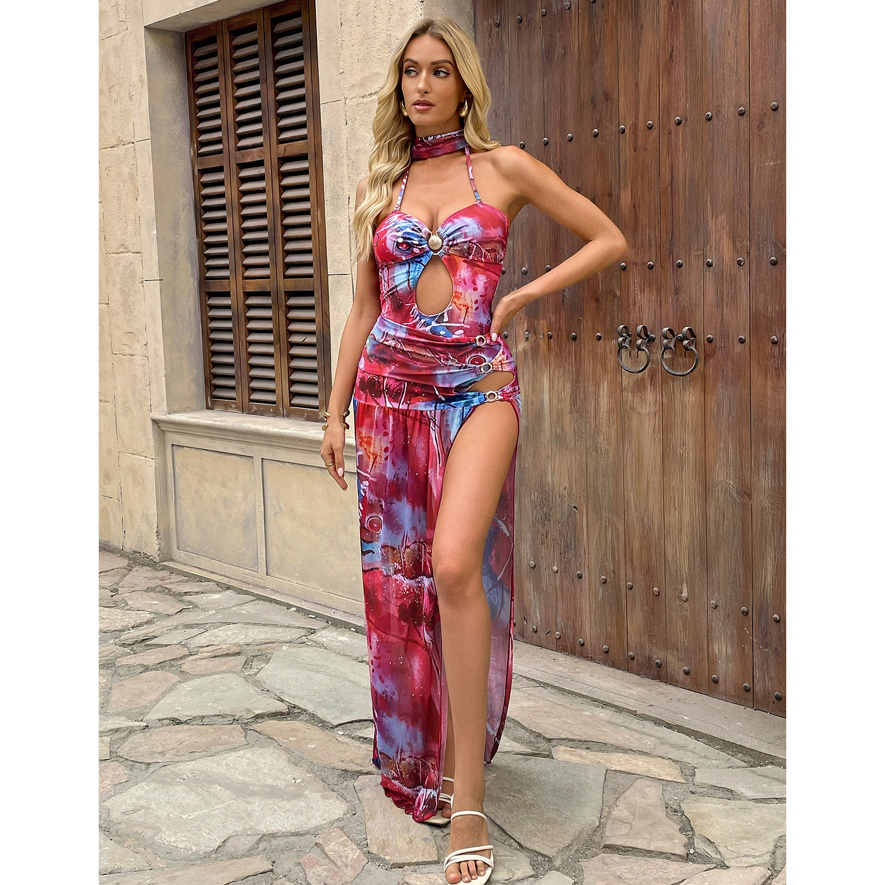 Halter Neck Cutout One-Piece Swimsuit with Skirt and Choker Set view 4