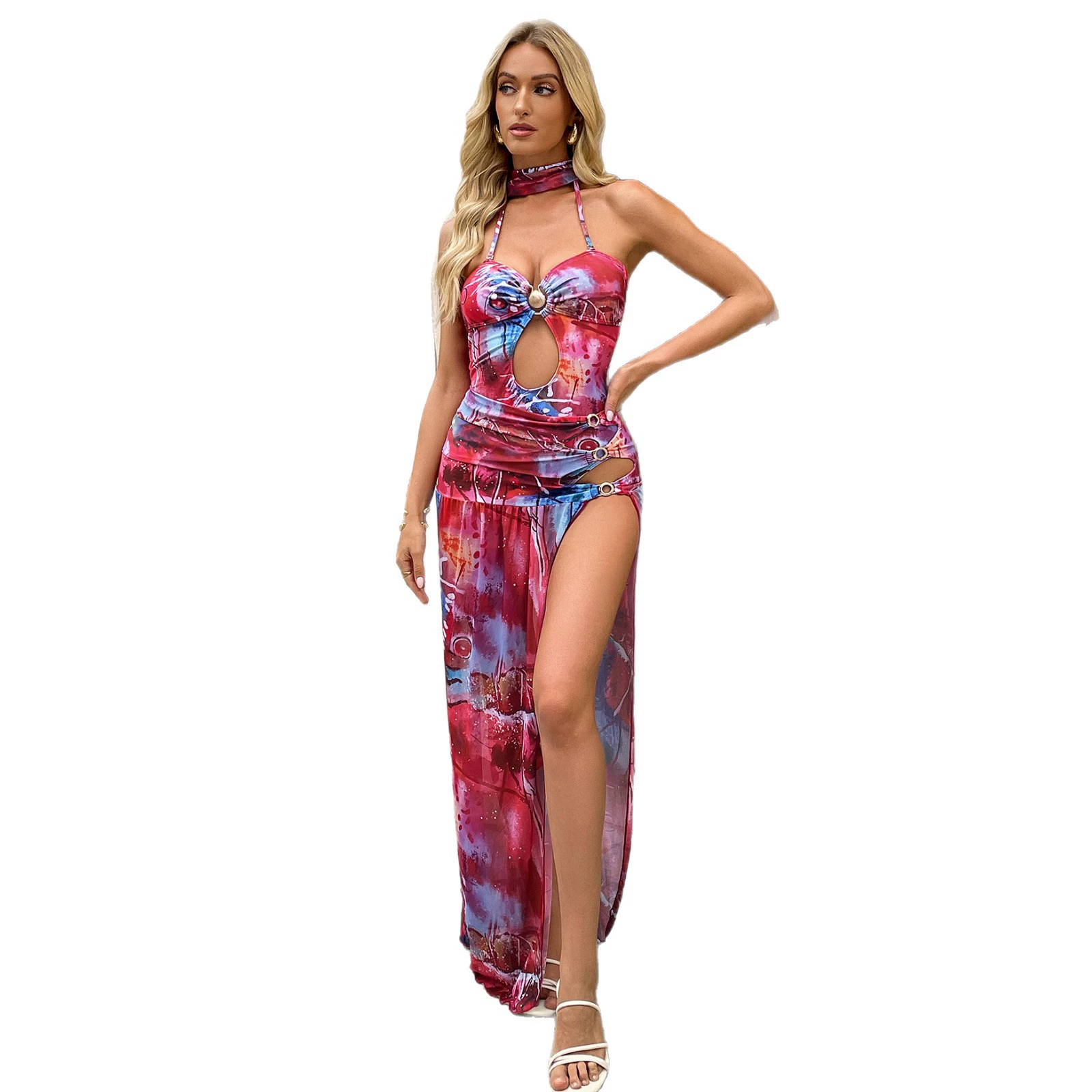 Halter Neck Cutout One-Piece Swimsuit with Skirt and Choker Set view 5