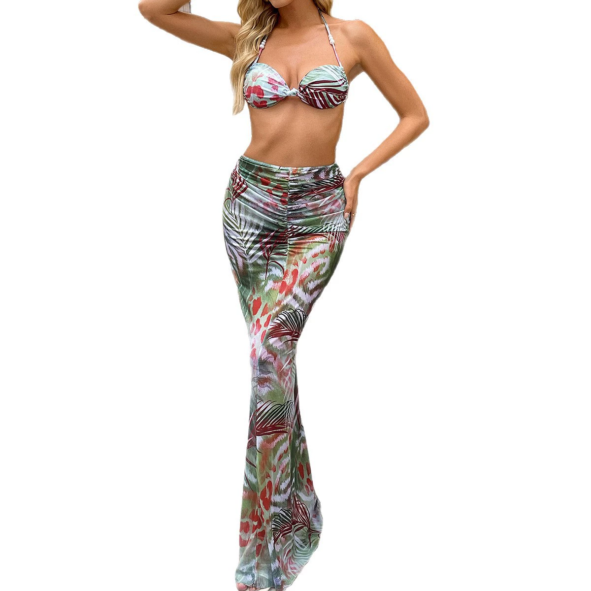 Halter Neck Twisted Bikini with Matching Maxi Skirt Set view 5