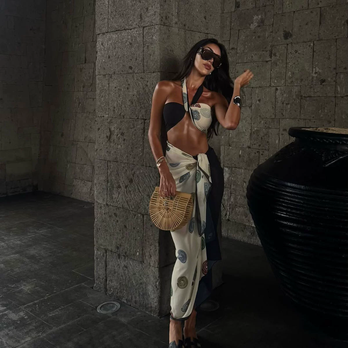 Three-Piece Halter Bandeau Bikini Set with Sarong