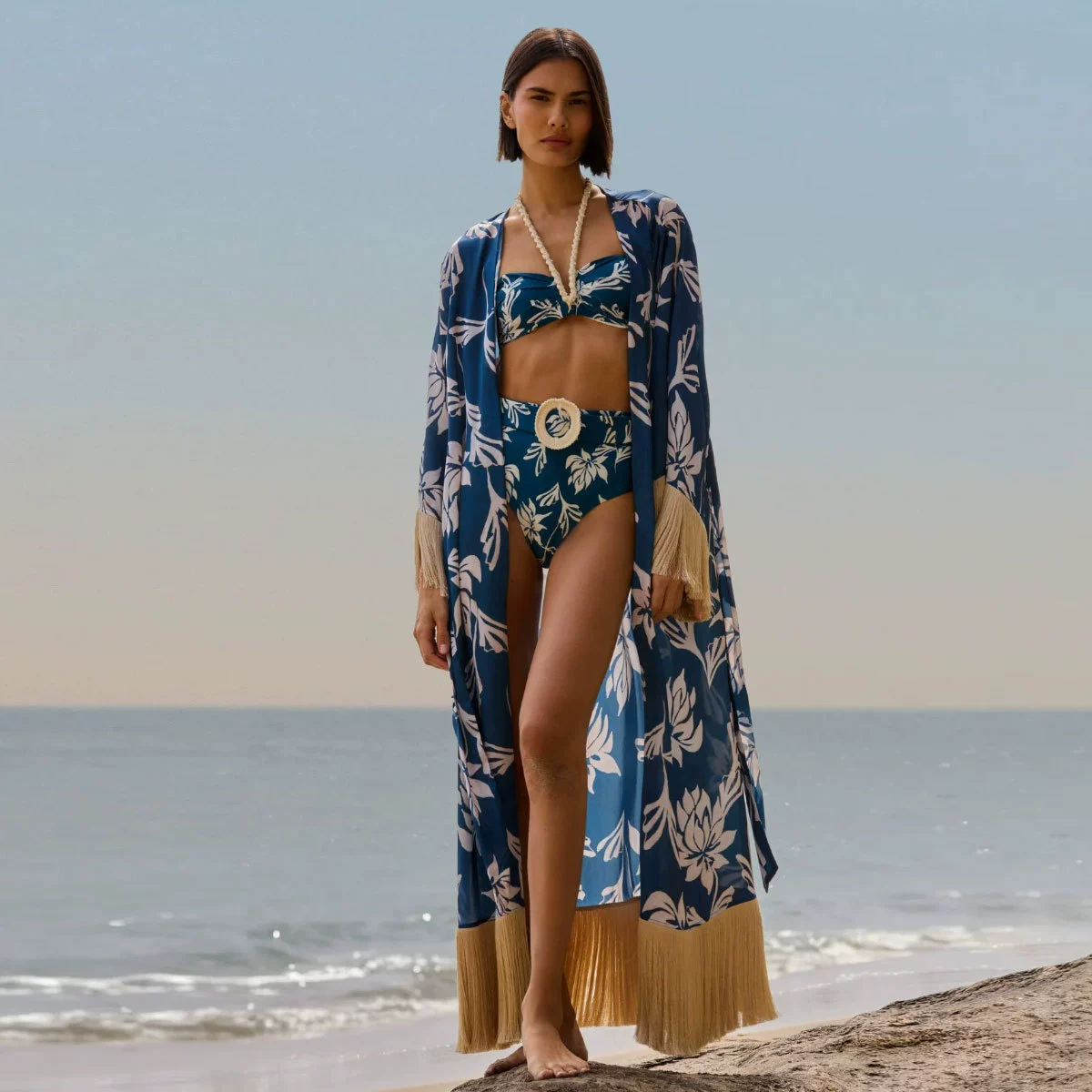 Bandeau High-Waist Bikini Set with Long Cover-Up