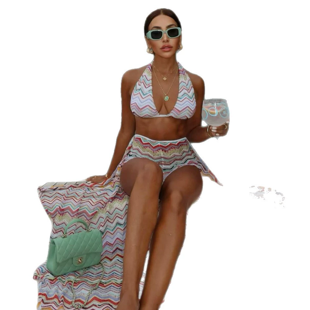 Three-Piece Halter Bikini Set with Long Skirt view 5