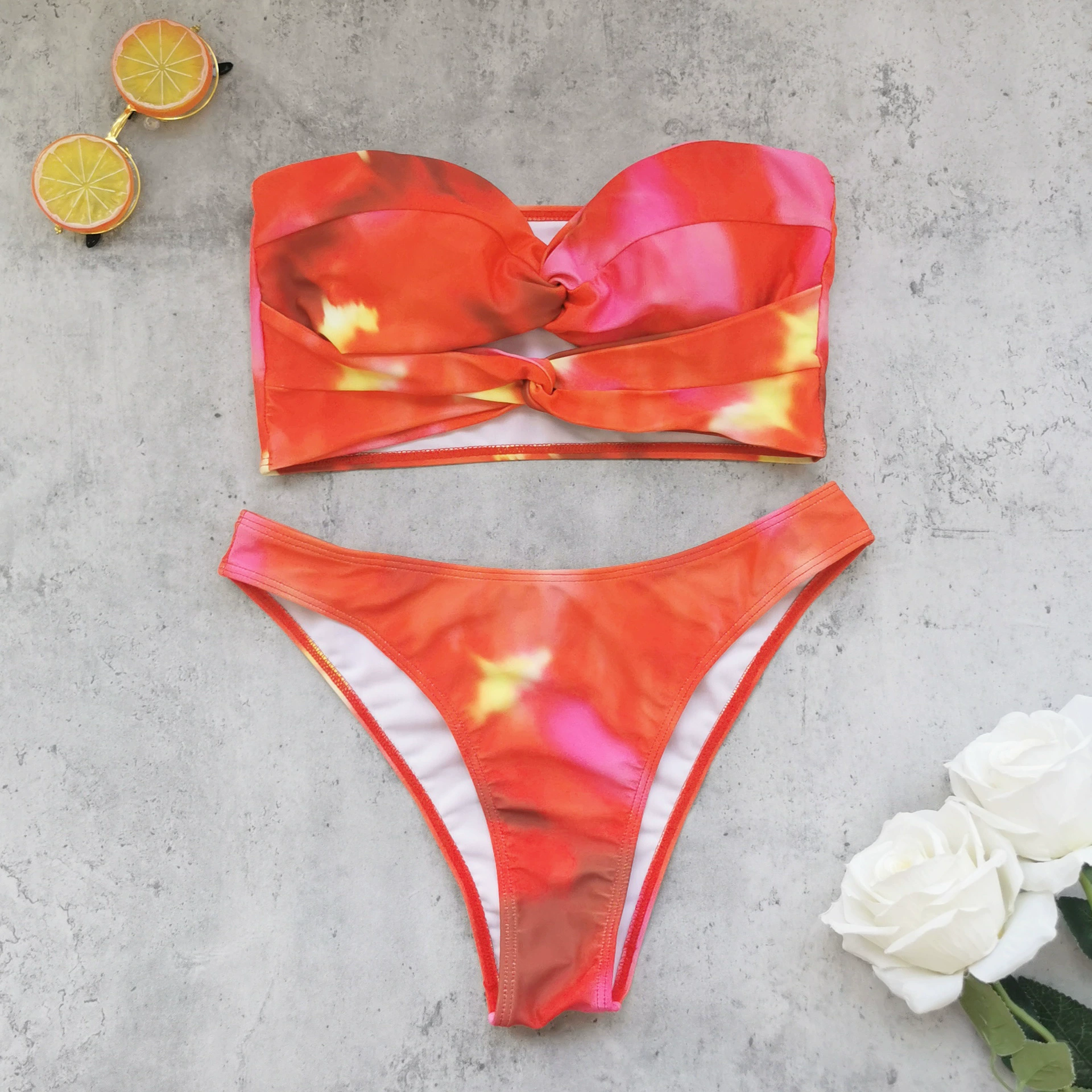 Twist Front Bandeau Bikini Set with Sarong