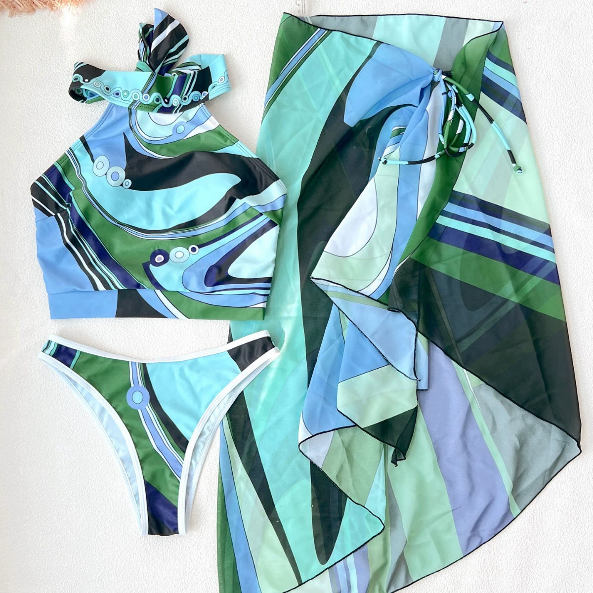 Three-Piece Halter Bikini Set with Sarong Cover-Up