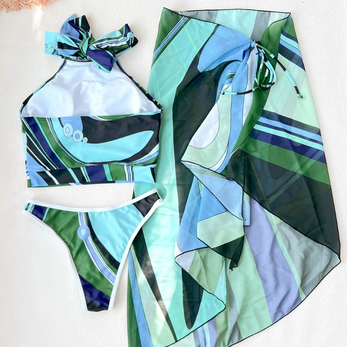 Three-Piece Halter Bikini Set with Sarong Cover-Up