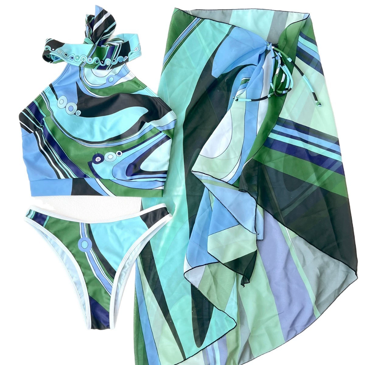 Three-Piece Halter Bikini Set with Sarong Cover-Up view 5