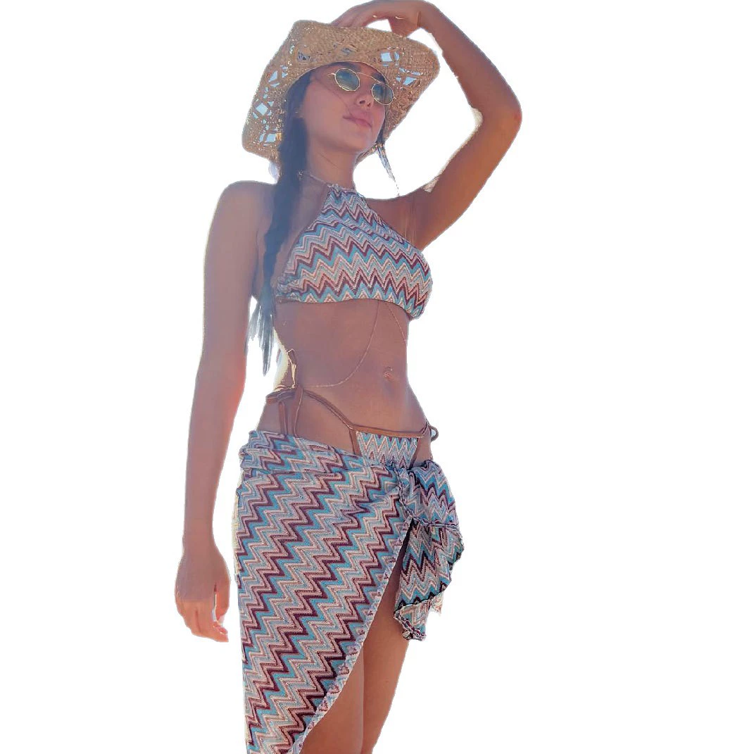 Three-Piece Halter Bikini Set with Sarong view 5