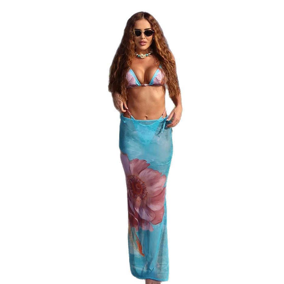 Three-Piece Triangle Bikini Set with Cover-Up Skirt view 5