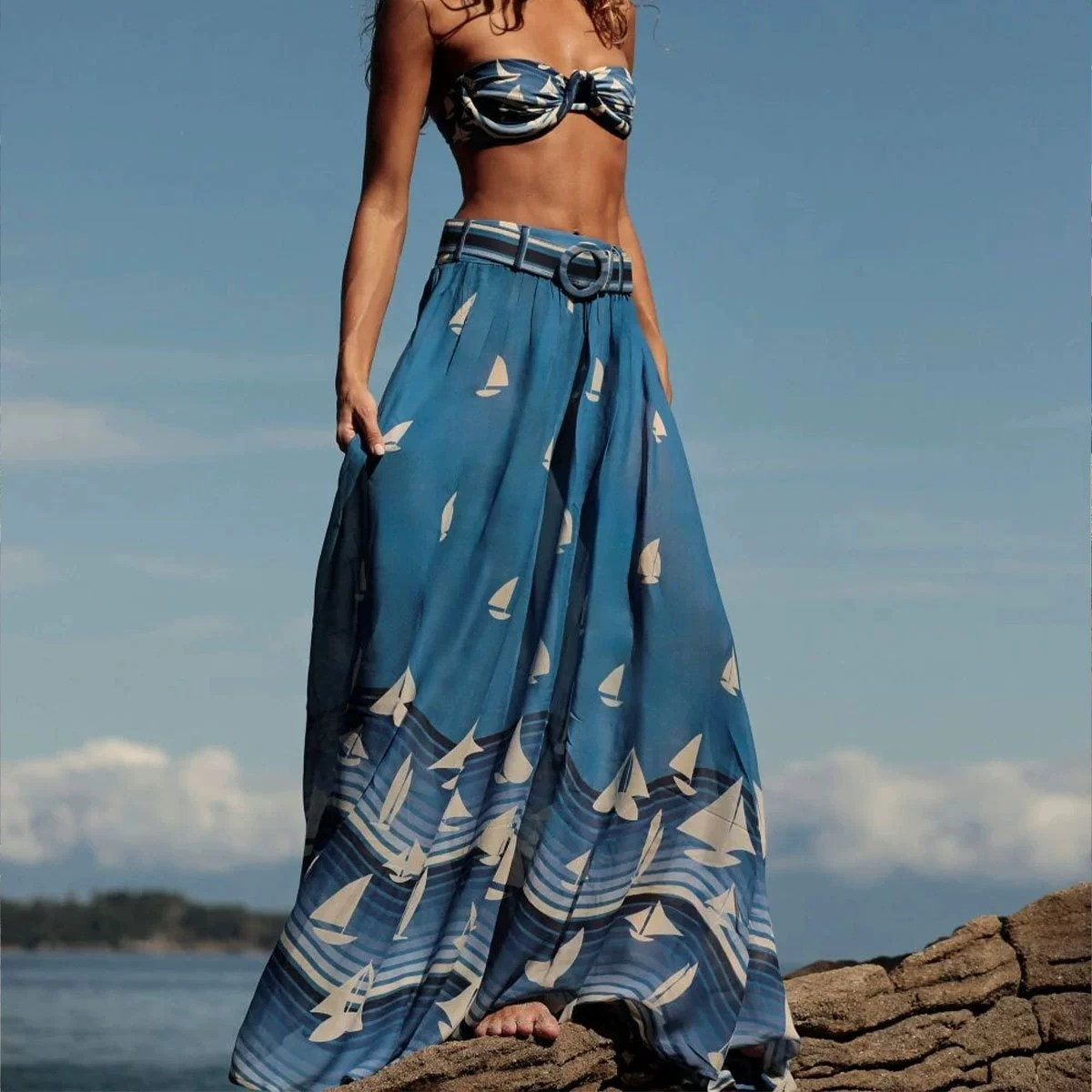 Strapless Bandeau Bikini and Maxi Skirt Three-Piece Set