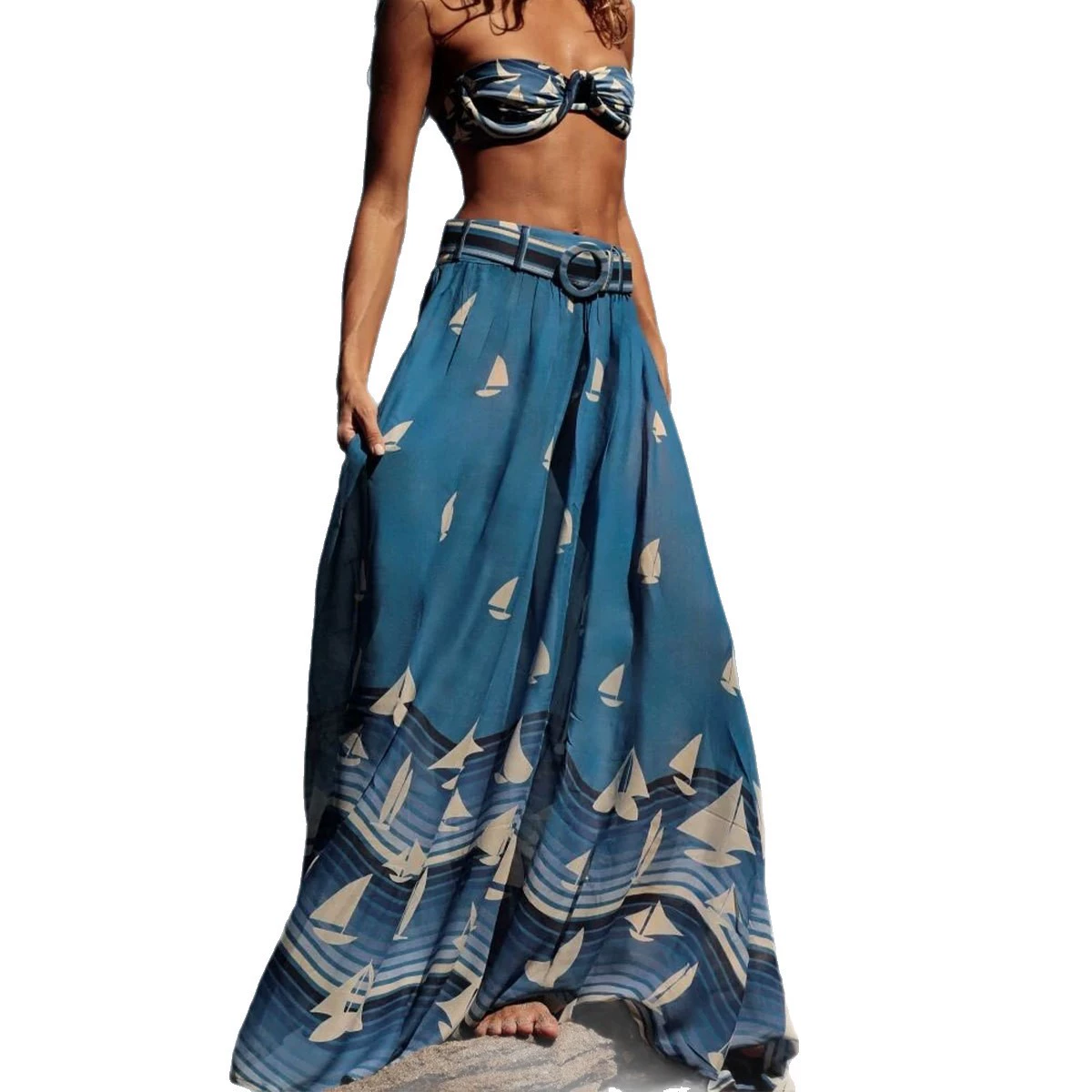 Strapless Bandeau Bikini and Maxi Skirt Three-Piece Set view 5