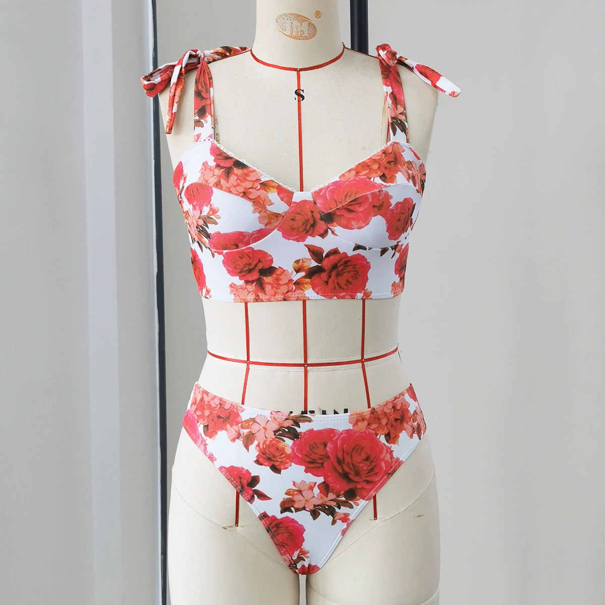 Three-Piece Bikini Set with High-Waist Bottom and Skirt view 3