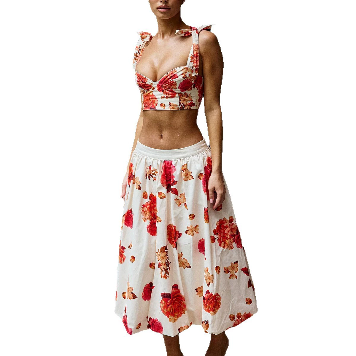 Three-Piece Bikini Set with High-Waist Bottom and Skirt view 5