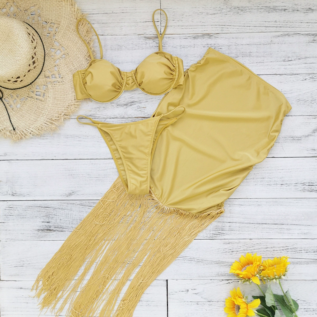 Three-Piece Bikini Set with Fringed Skirt view 3