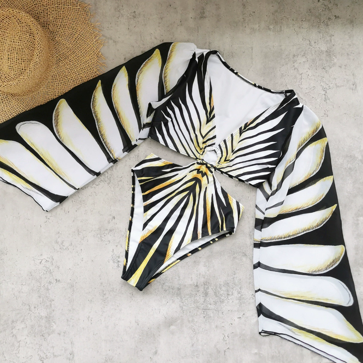 Three-Piece Swimsuit Set with Long-Sleeve Cover-Up and Front Ring Detail