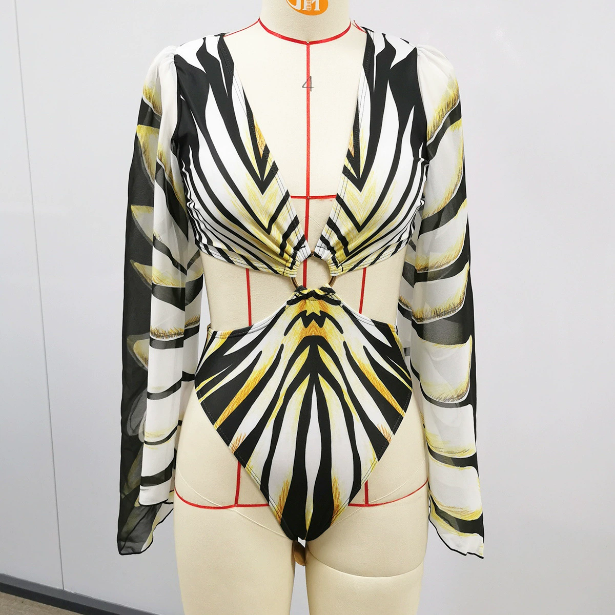 Three-Piece Swimsuit Set with Long-Sleeve Cover-Up and Front Ring Detail view 4