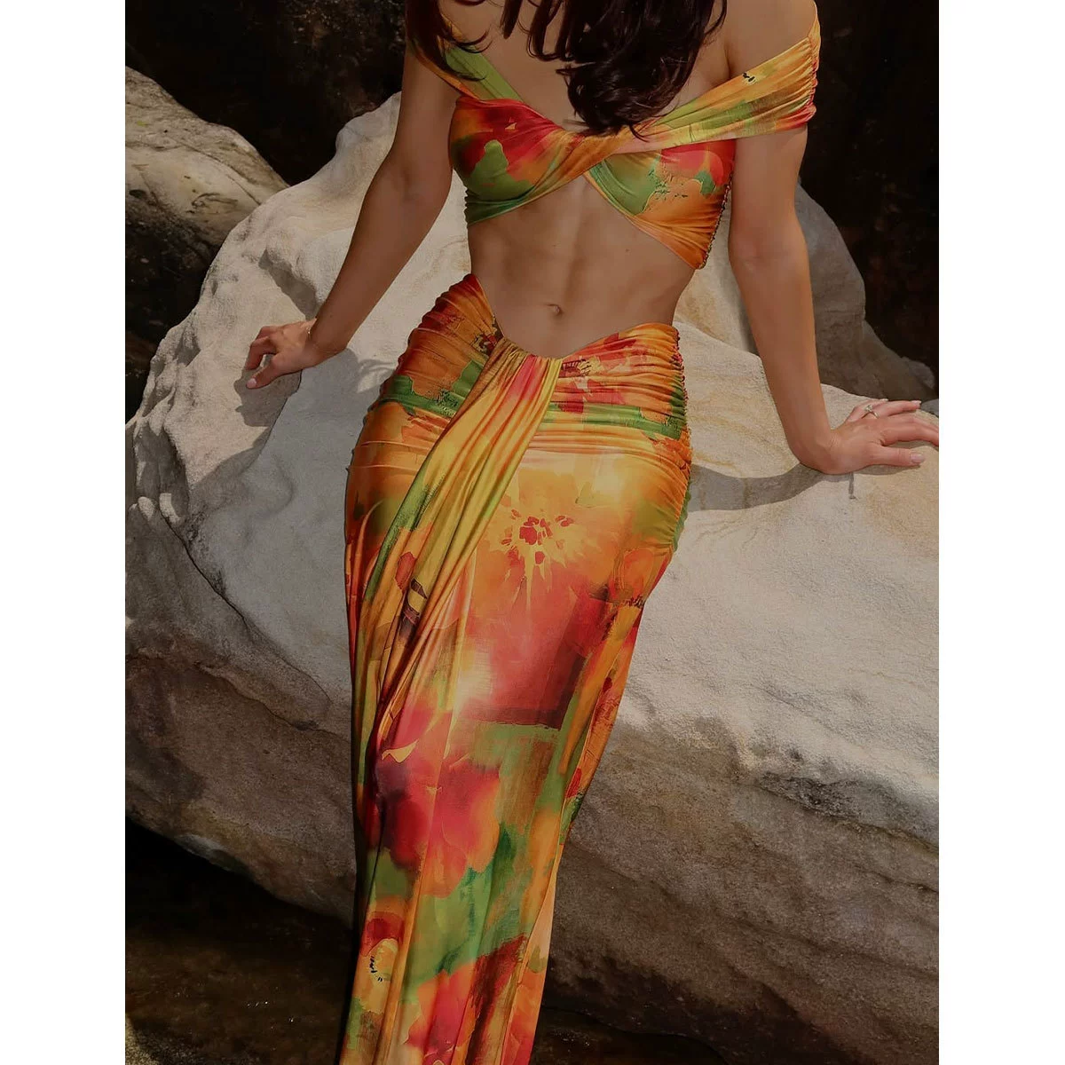 Three-Piece Bikini Set with Off-Shoulder Top and Skirt