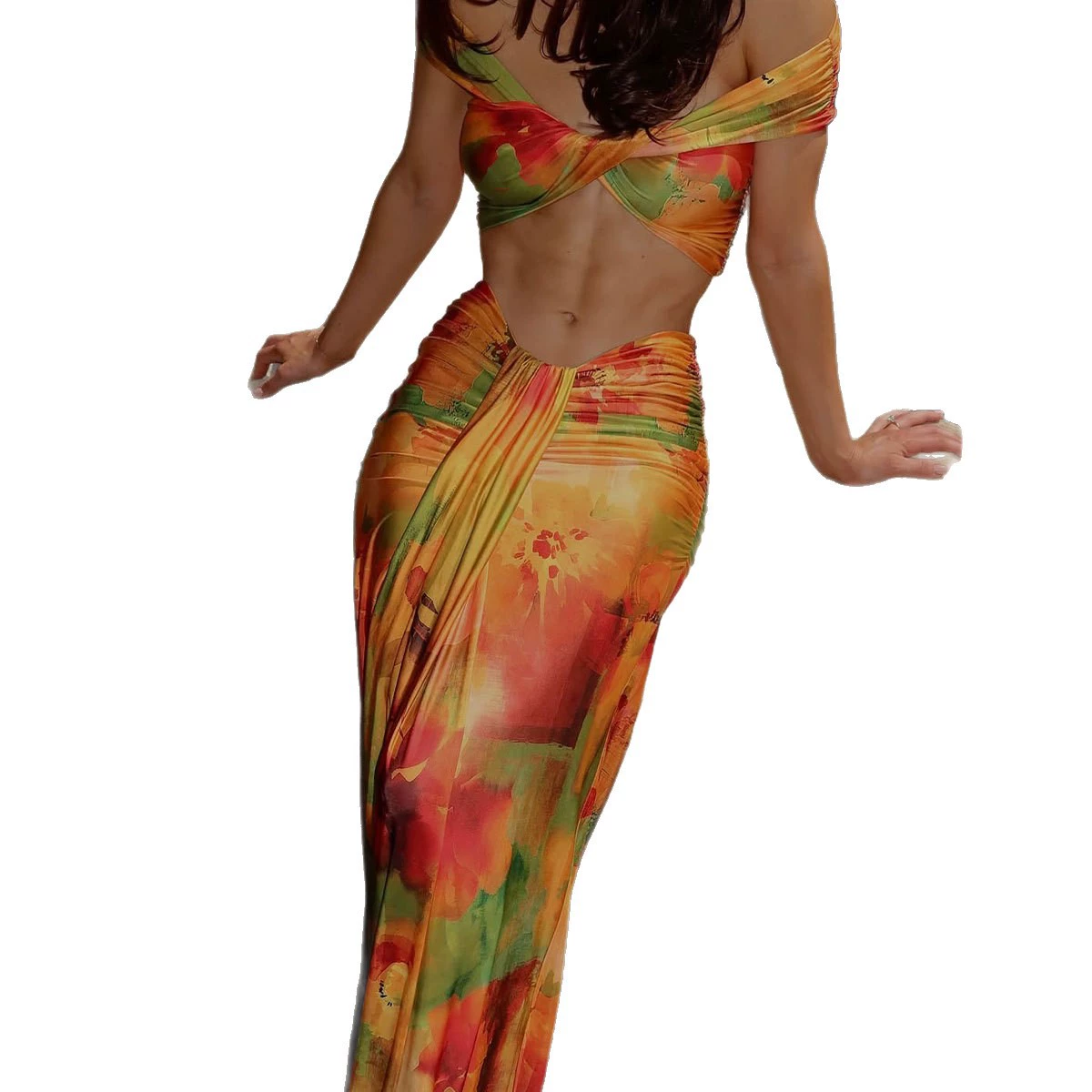 Three-Piece Bikini Set with Off-Shoulder Top and Skirt view 5