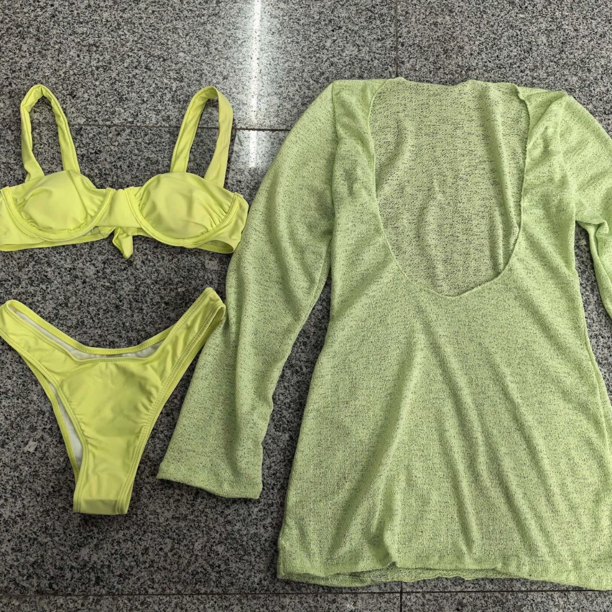 Three-Piece Bikini Set with Long-Sleeve Cover-Up Dress
