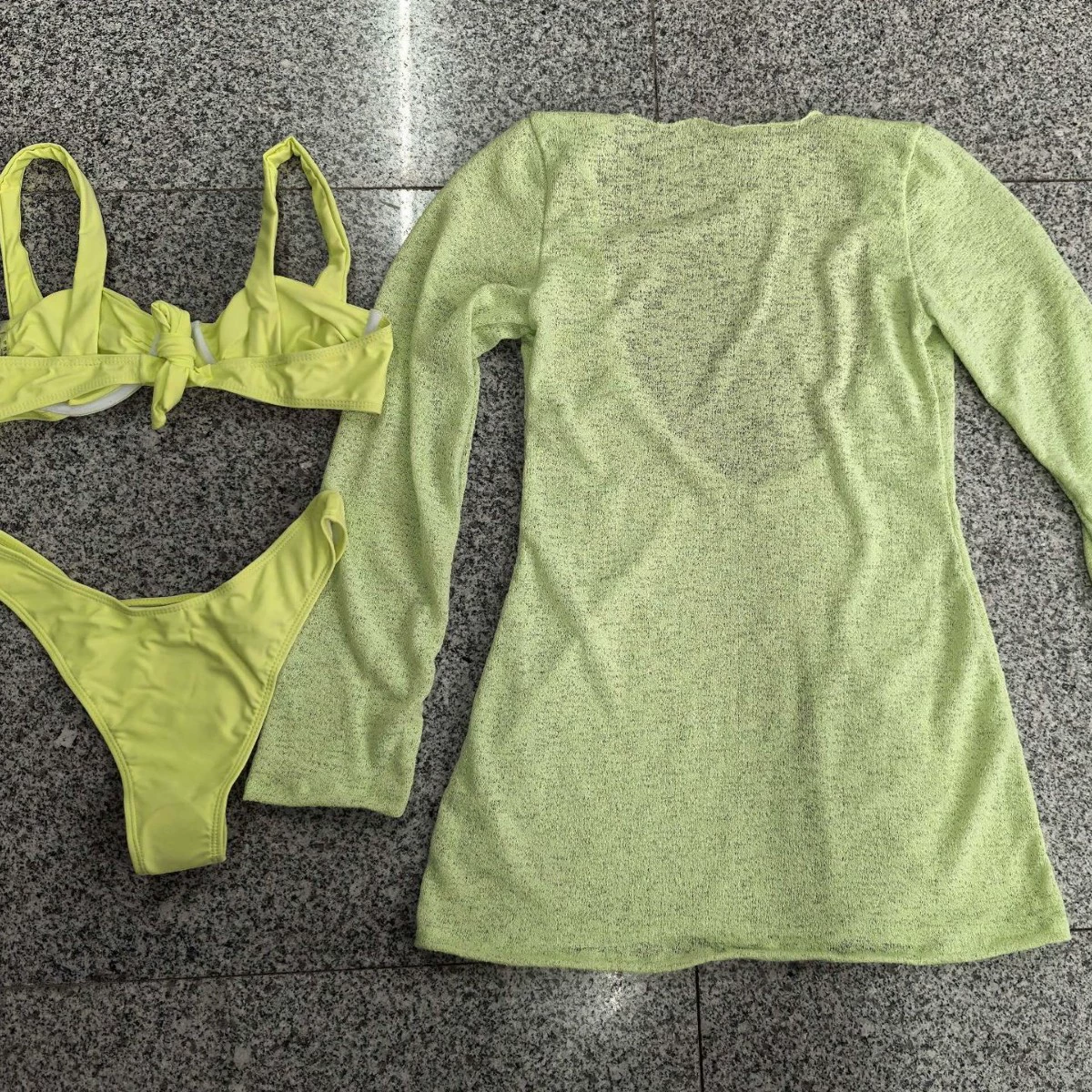 Three-Piece Bikini Set with Long-Sleeve Cover-Up Dress view 3