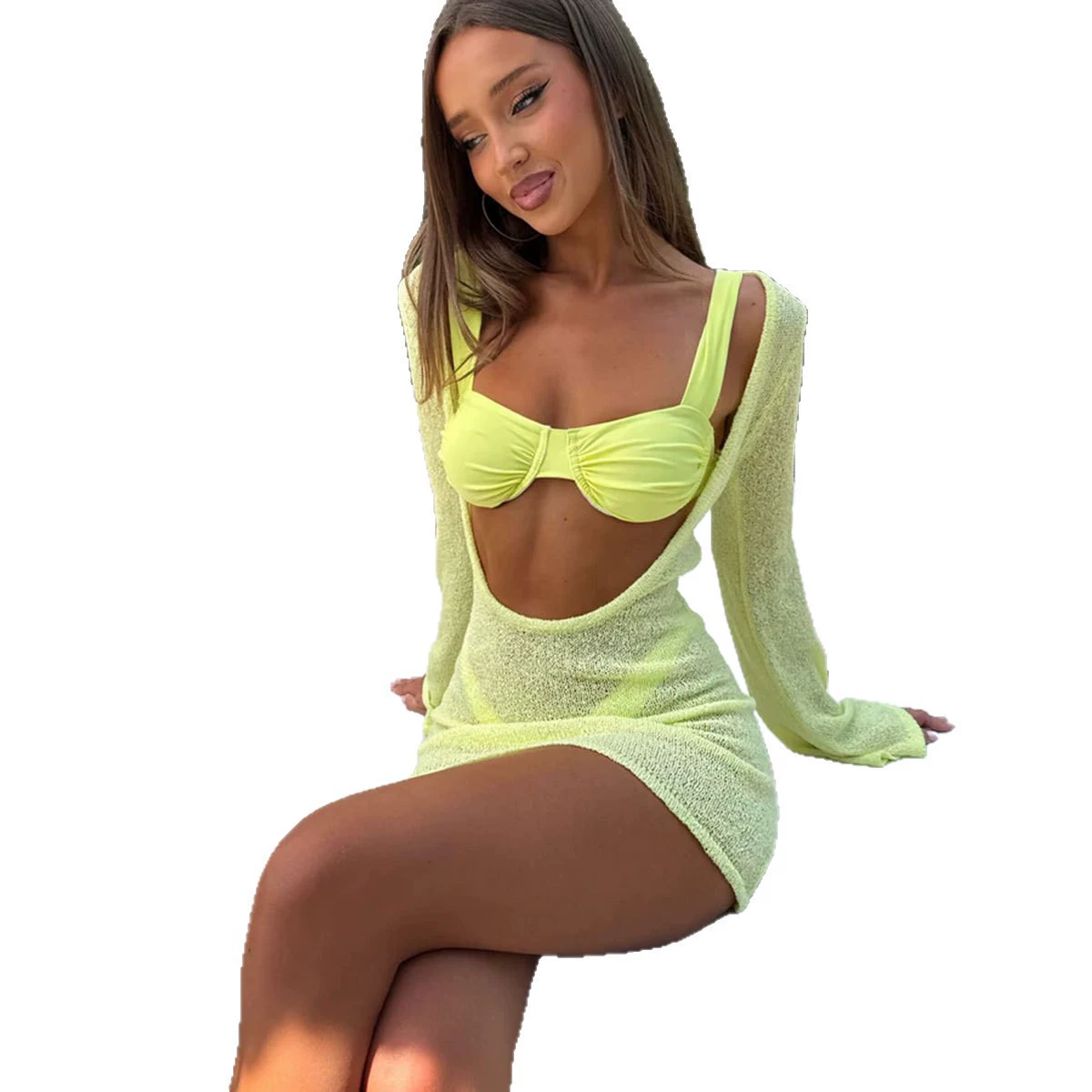 Three-Piece Bikini Set with Long-Sleeve Cover-Up Dress view 5