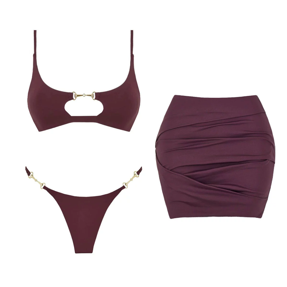 Three-Piece Bikini Set with Ruched Skirt