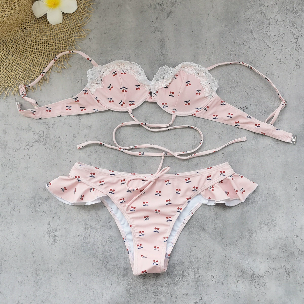 Three-Piece Bikini Set with Ruffle Details and Wrap Skirt