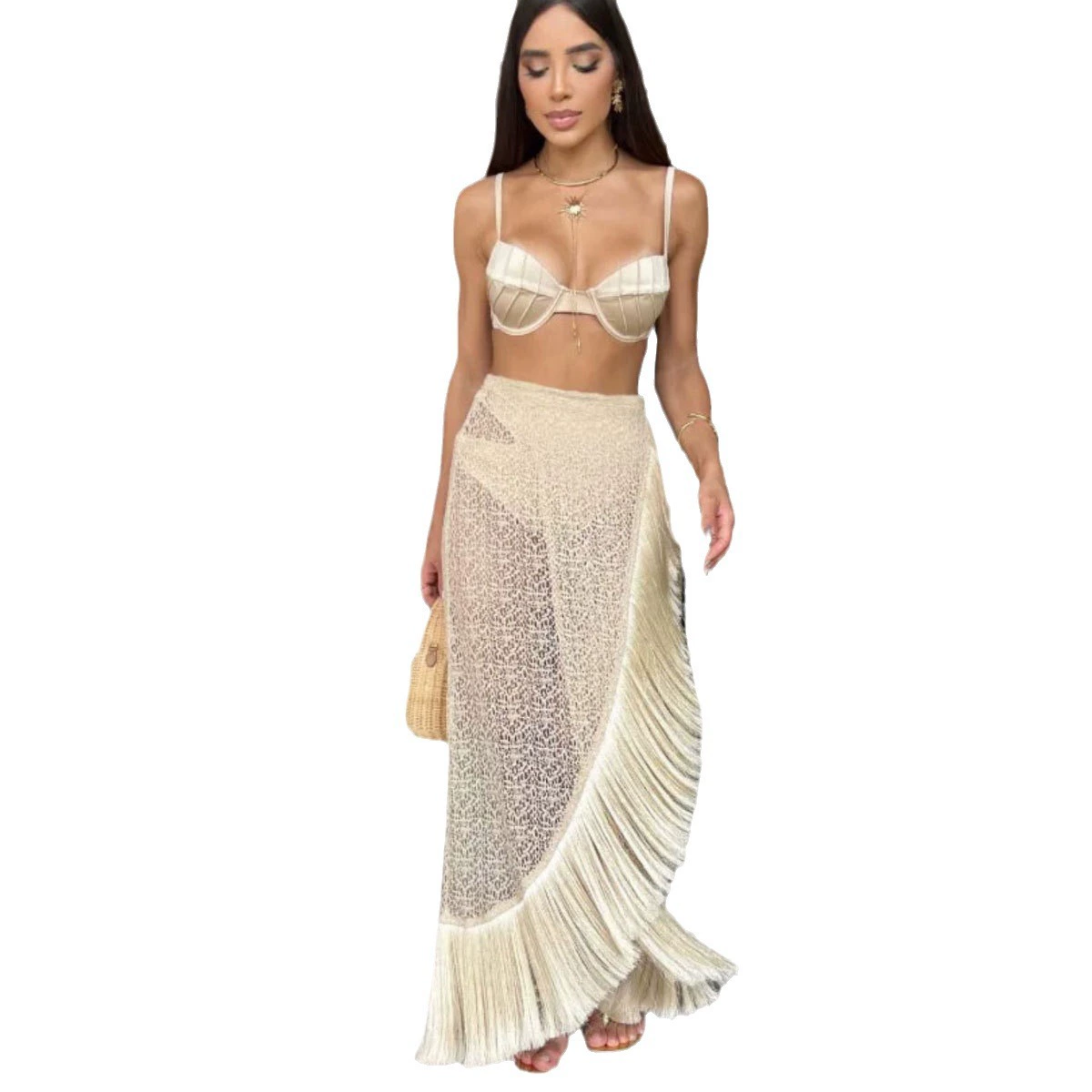Three-Piece Swimsuit Set with Balconette Top and Fringed Skirt view 5