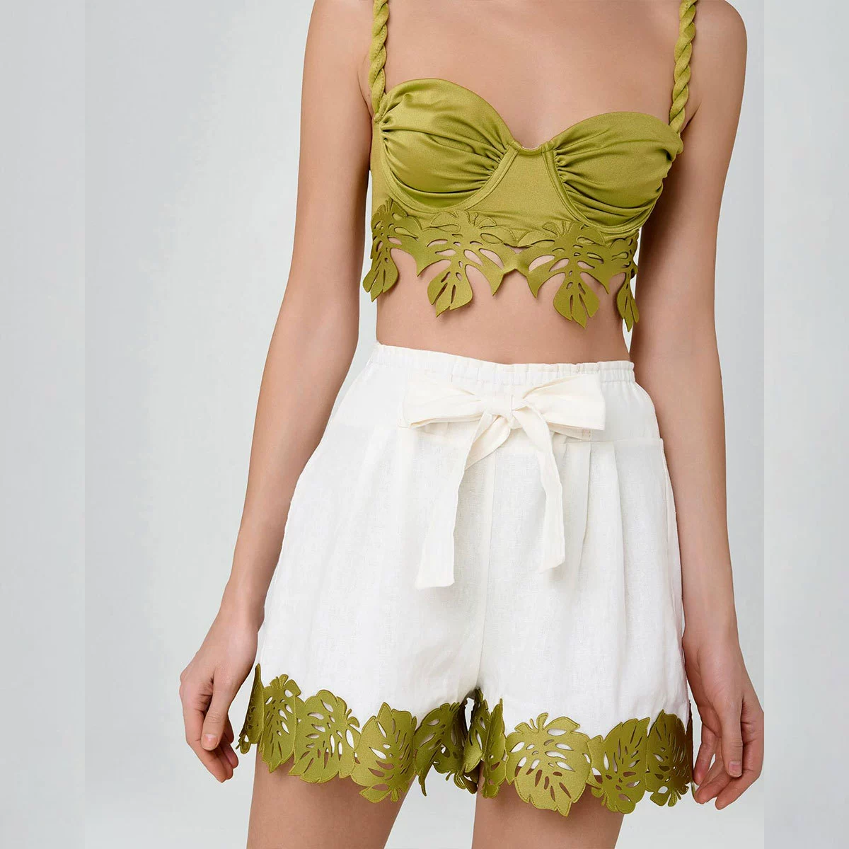 Leaf Cutout Bikini Set with Braided Straps and Shorts