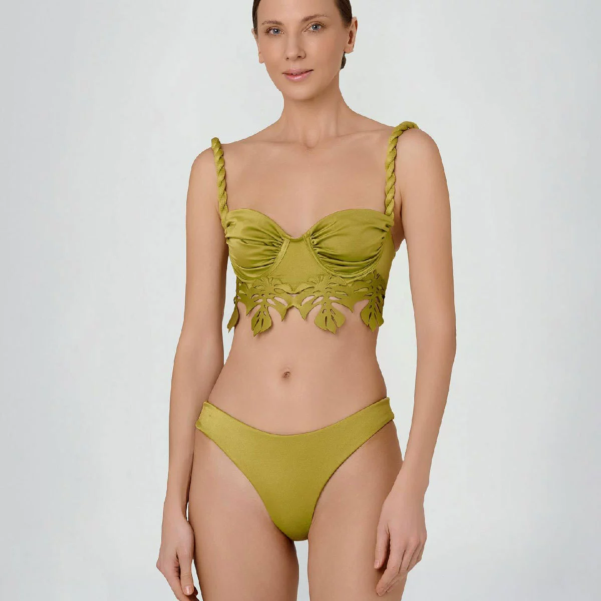 Leaf Cutout Bikini Set with Braided Straps and Shorts