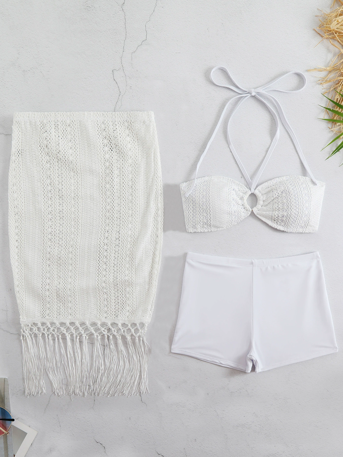 Three-Piece Halter Bikini Set with Boyshorts and Fringed Skirt view 3