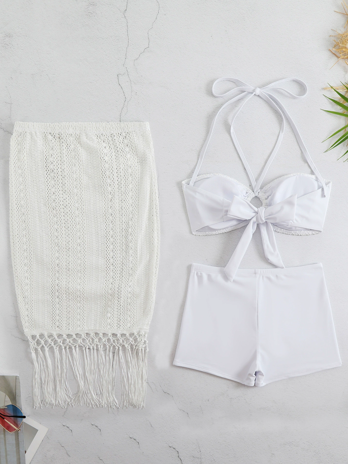Three-Piece Halter Bikini Set with Boyshorts and Fringed Skirt view 5