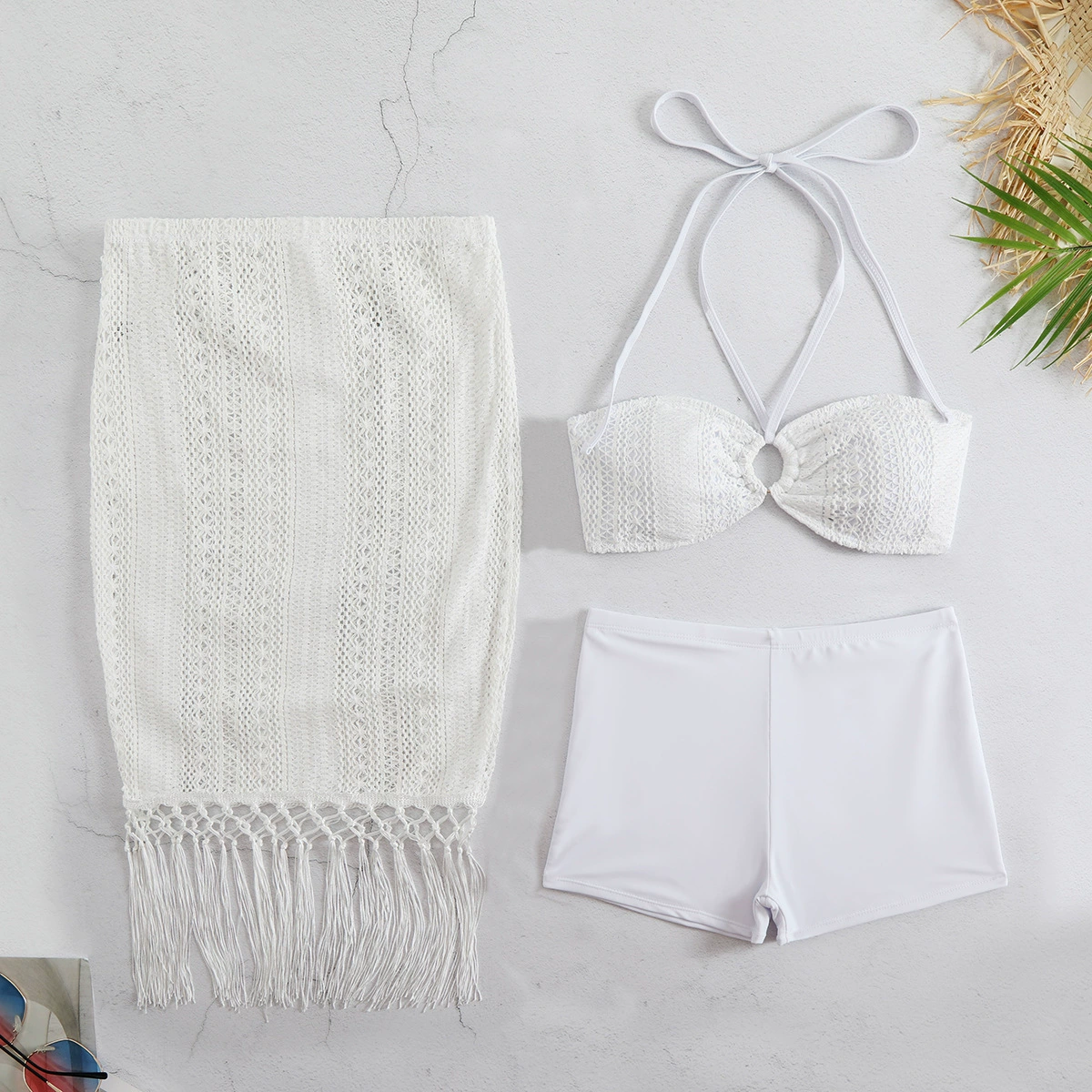 Three-Piece Halter Bikini Set with Boyshorts and Fringed Skirt view 6