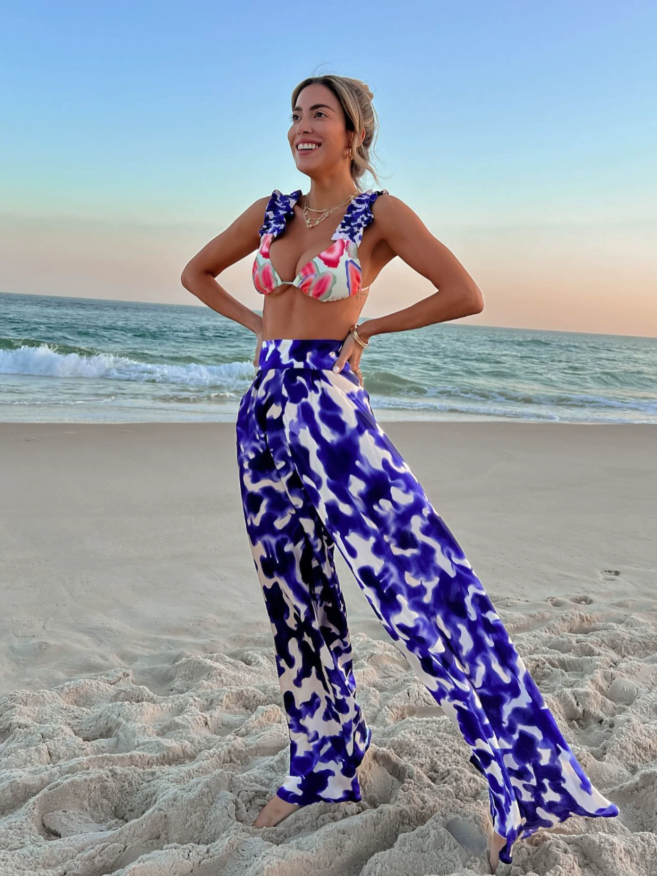 Three-Piece Bikini Set with Ruffle Straps and Cover-Up Pants