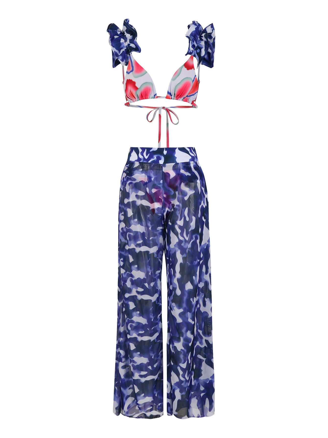Three-Piece Bikini Set with Ruffle Straps and Cover-Up Pants