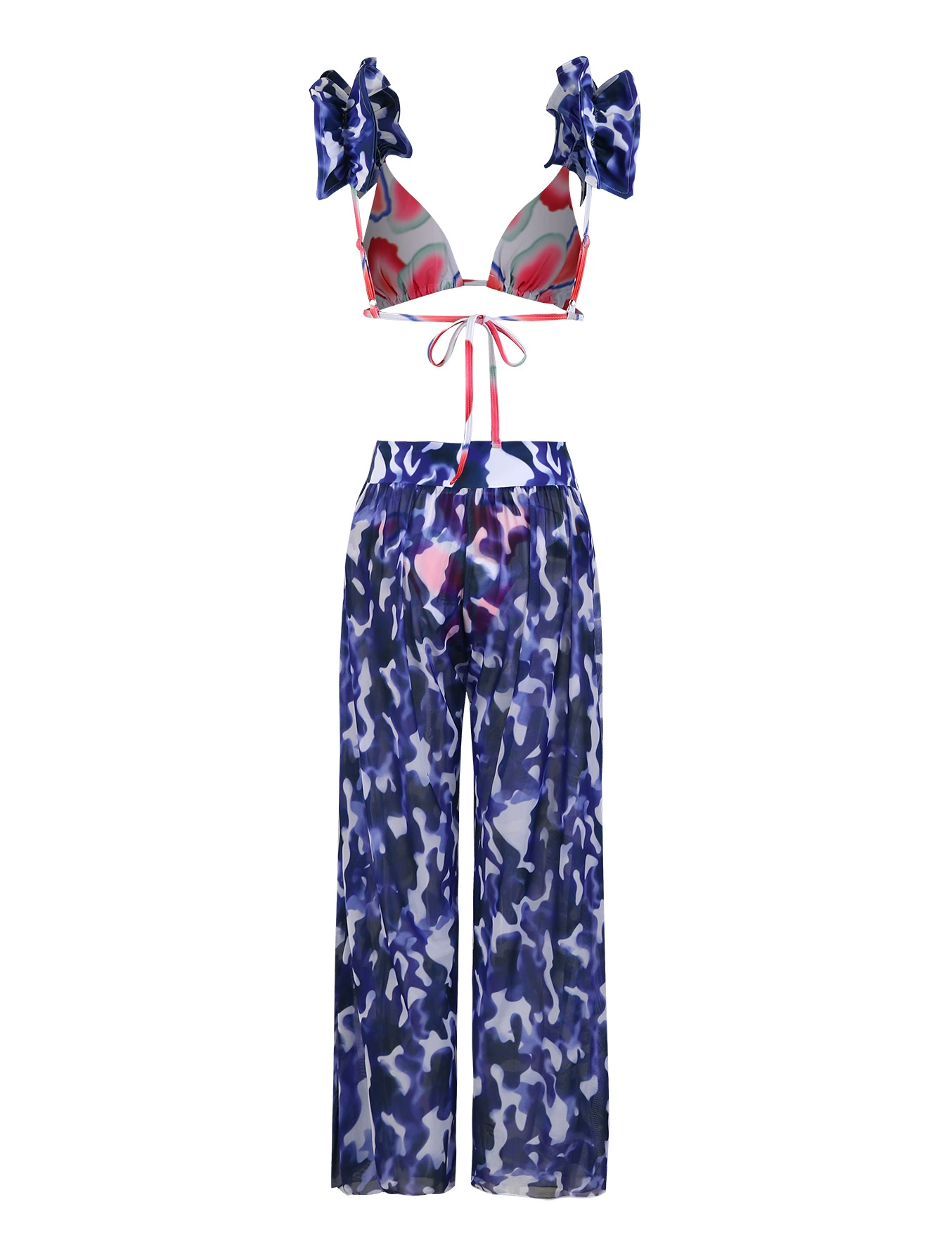 Three-Piece Bikini Set with Ruffle Straps and Cover-Up Pants view 3
