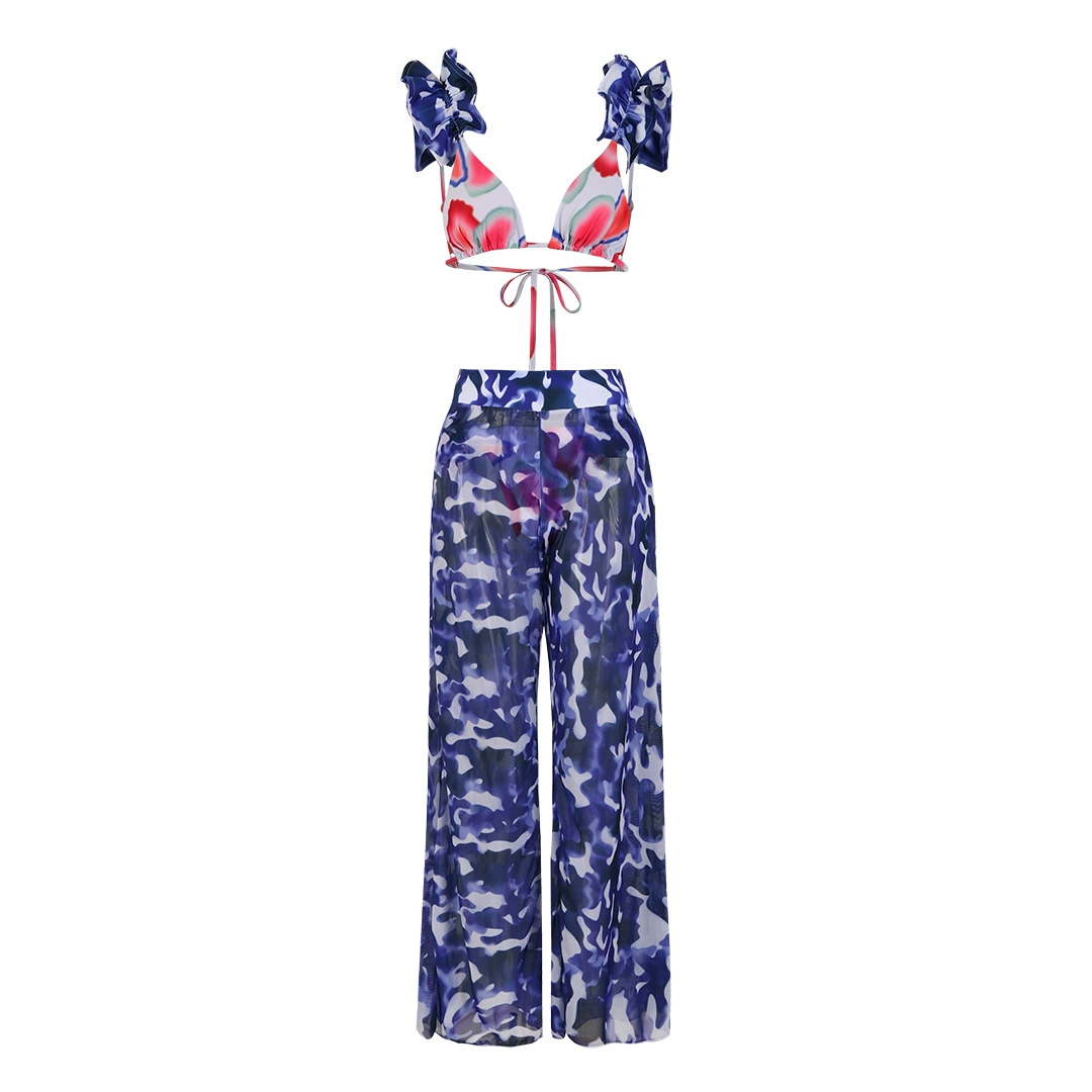 Three-Piece Bikini Set with Ruffle Straps and Cover-Up Pants view 6