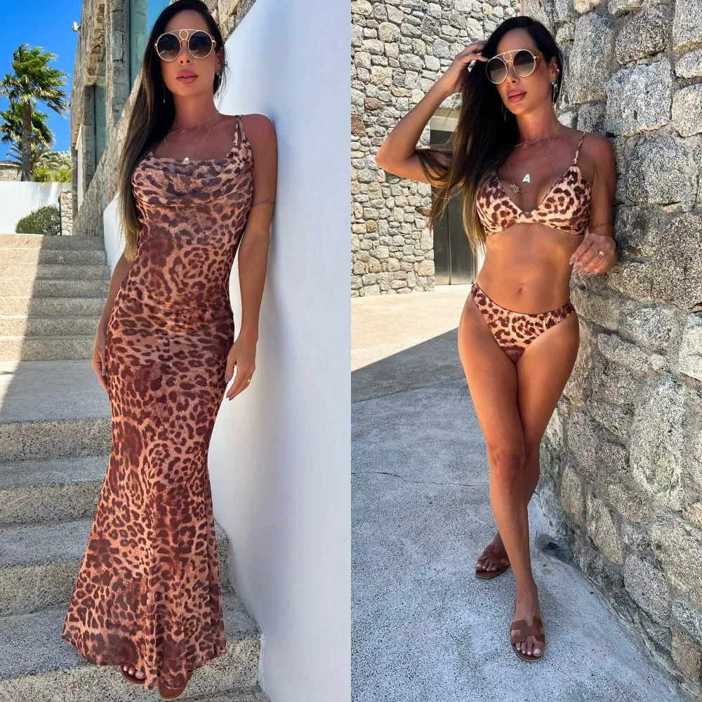 Three-Piece Bikini Set with Maxi Cover-Up Dress