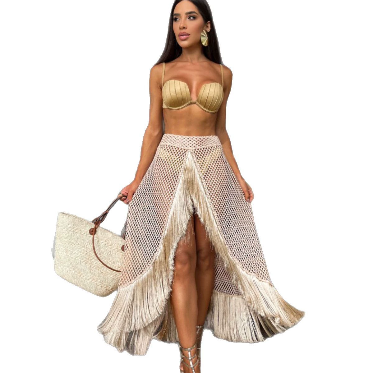 Three-Piece Bikini Set with Fringe Skirt view 5