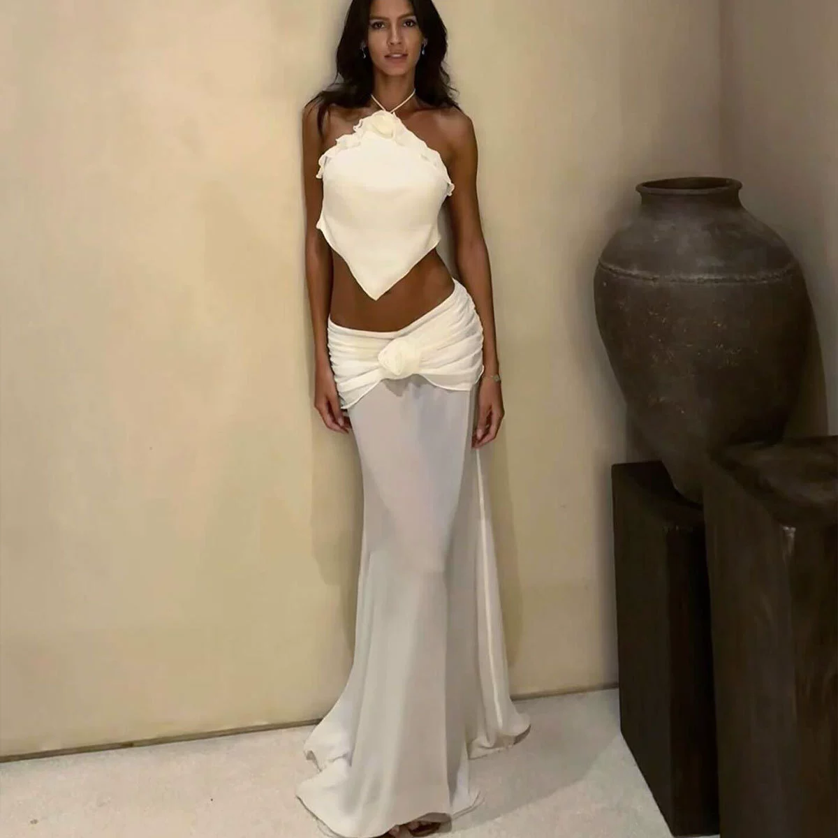 Halter Neck Bikini Set with Sheer Maxi Skirt