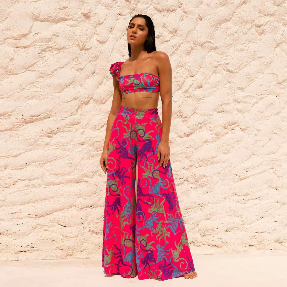 One-Shoulder Bikini Set with High-Waist Shorts and Wide-Leg Pants