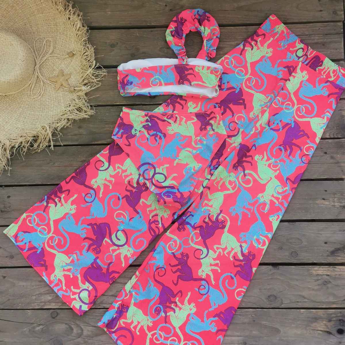 One-Shoulder Bikini Set with High-Waist Shorts and Wide-Leg Pants view 4